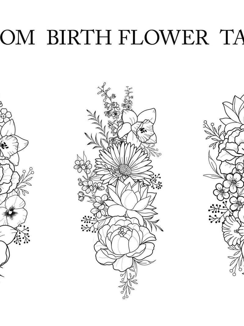 Up to 7 Flowers | Custom Birth Flower Tattoo Design | Personalized Floral Bouquet Tattoo | Birth month floral line art print | Digital PNG birthday flower