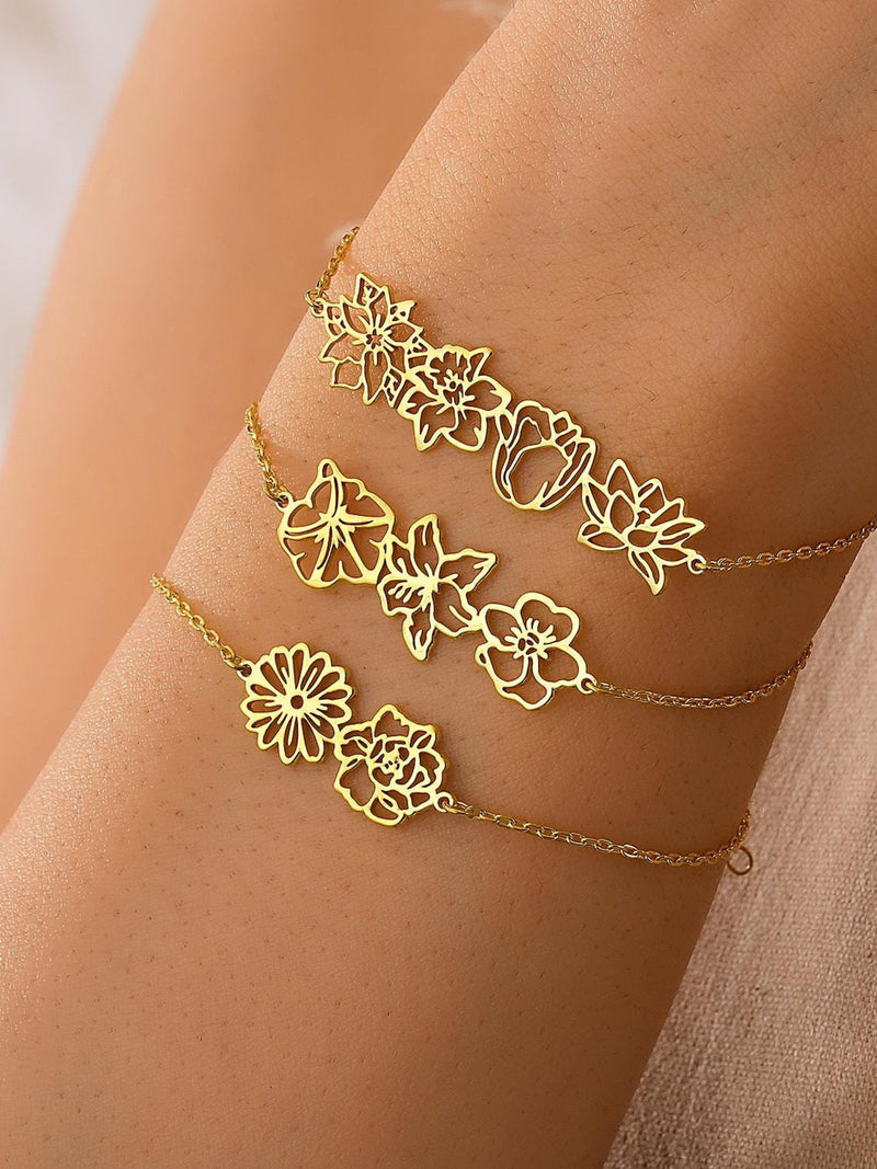 14k Gold Dainty Birth Flower Bracelet, , Bouquet bracelet, Personalized Jewelry,Birthday Gift for Her,Family Bracelet For Valentines Gift birthday flower