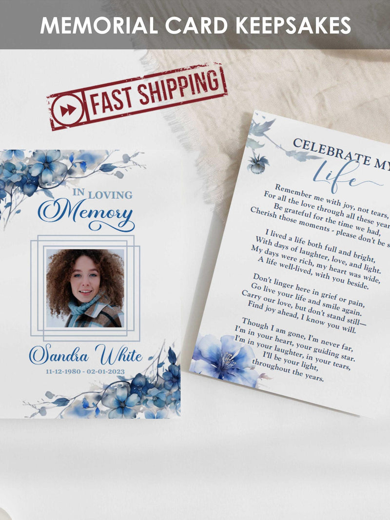 PRINTED Memorial Cards Custom Floral Blue Flowers Funeral Card | Personalized Celebration of Life Wallet Remembrance Prayer Cards | - SANDRA sympathy flower