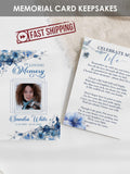PRINTED Memorial Cards Custom Floral Blue Flowers Funeral Card | Personalized Celebration of Life Wallet Remembrance Prayer Cards | - SANDRA sympathy flower