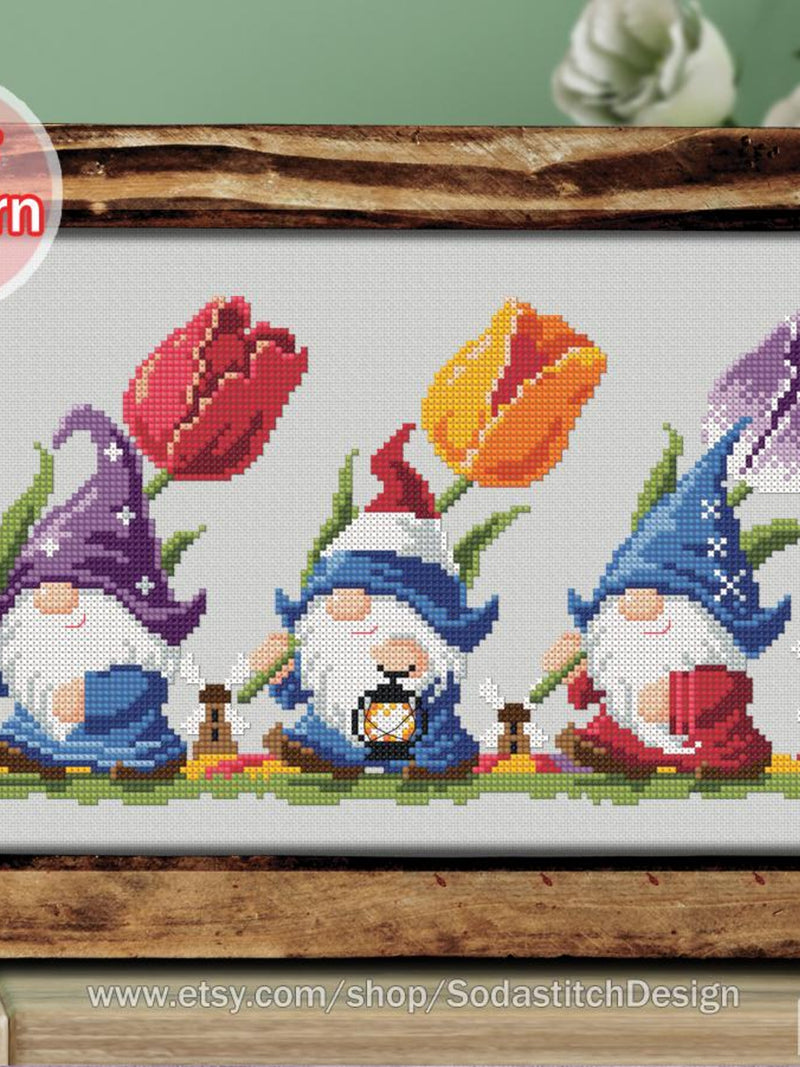 Cross Stitch Pattern pdf Gnome Flower Netherlands Fairy Elf Series Modern, SO-OP2140 'Tulip Delivery' FLOWER DELIVERY