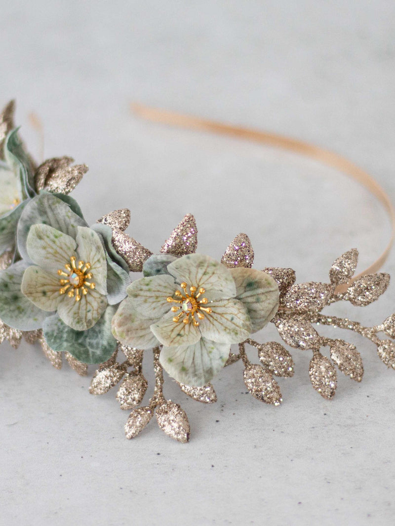 Sage Gold Flower Headband: Hydrangea & Glitter Leaf Bridal Hairpiece FLOWER DELIVERY