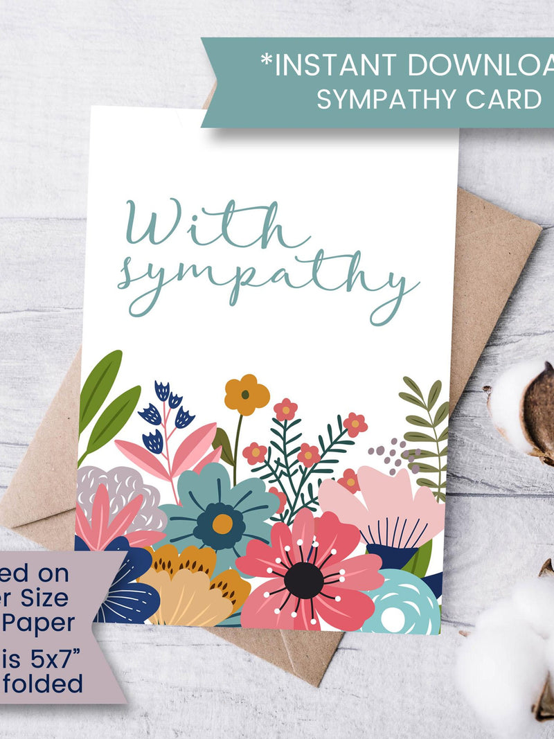 Printable Sympathy Card for Friend, Condolence Grieving Card, Thinking of You Card for Coworker, Sympathy Flowers, Instant Download, Digital sympathy flower