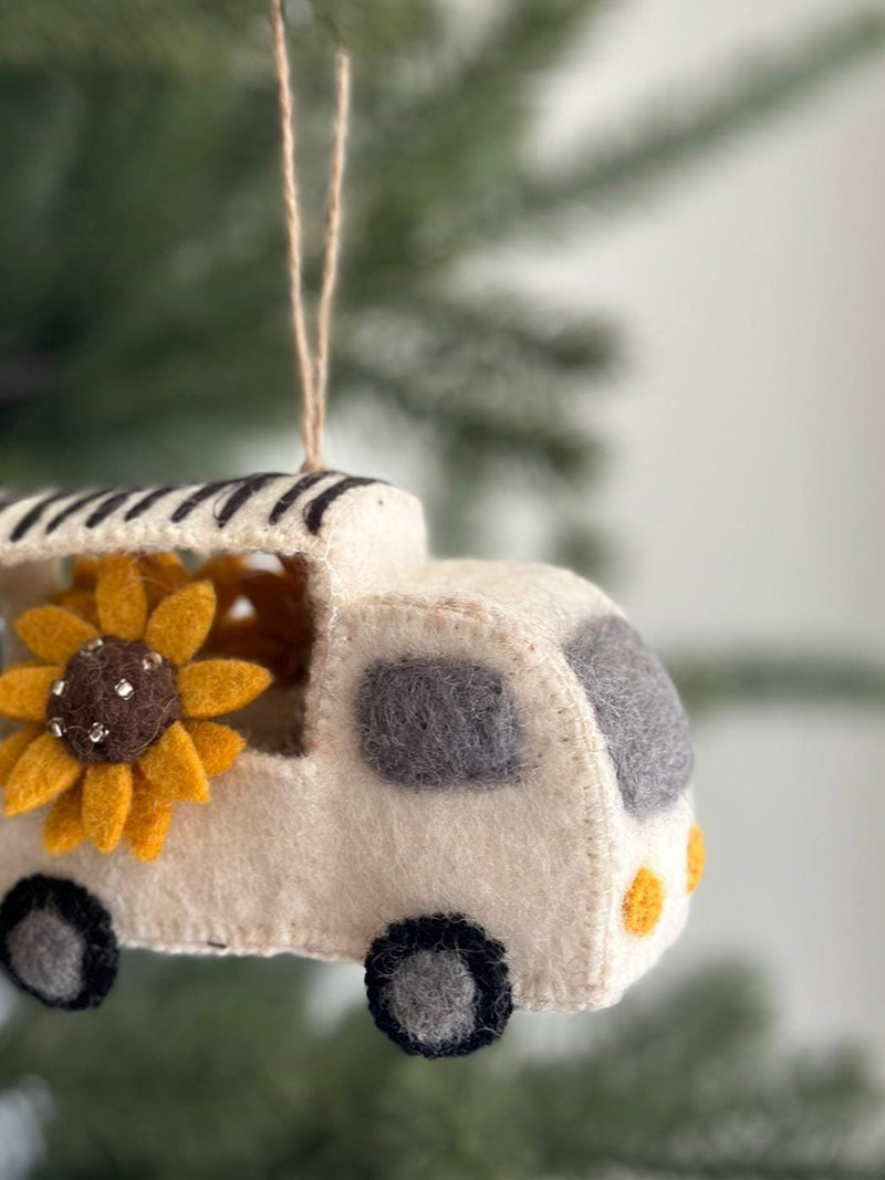 Felt Flower Truck with Sunflower Ornament, Mobile Flower Shop, Thanksgiving Decoration, Tree Hanging Decoration, Fair Trade Ornament FLOWER DELIVERY