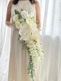 Cascading White Orchid Wedding Bouquet: Artificial Rose & Wisteria, Rustic Greenery Bouquet