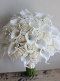 Fake Flowers Cream White Real Touch Roses Bridal Bouquet, Calla Lilies Wedding Bouquets, White Bridesmaids Bouquets, Boutonnieres Corsages Bouquet