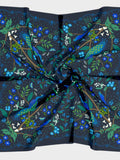 Silk Scarf - Blue Peacocks, Birds and Flowers Paradise on Navy silk flower
