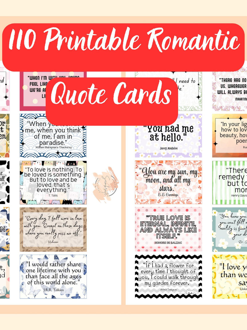 110 Romantic Quote Cards: Printable Ephemera (Digital Download) Love Romance Flower