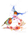 Gift of Love - Watercolor Art Print Robins Birds Blossoms Flowers Romantic  Available in Paper and Canvas by Olga Cuttell Love Romance Flower