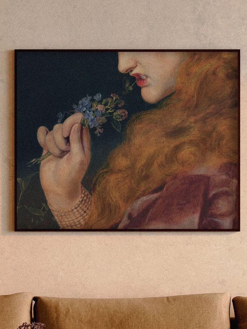 Love's Shadow Lady Printable Art, Red Haired Woman Biting Flowers Detail, Pre-Raphaelite Vintage Era Painting, Gallery Wall Art Love Romance Flower