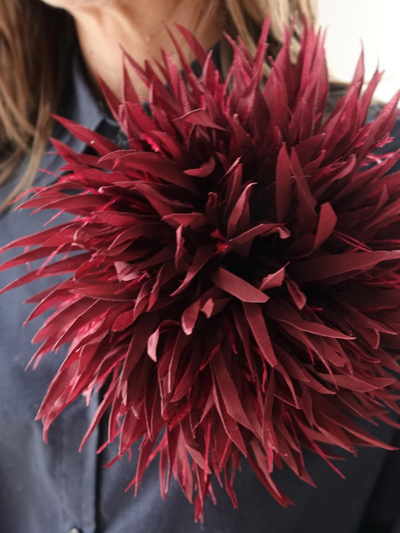 Large Silk flower brooch with feathers. Flower pin. Burgundy color. Packed as a gift silk flower