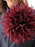Large Silk flower brooch with feathers. Flower pin. Burgundy color. Packed as a gift silk flower