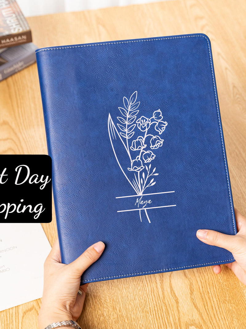 Custom Birth Month Flower Leather Portfolio with Zipper, Personalized Refillable Padfolio, Birth Month Flower Gift, Mother's Day Gift ANNIVERSARY