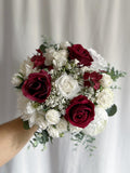 Faux bridal bouquet with burgundy and white flowers, red bouquets, wine bridal bouquet, white and red fake bouquet, white and red bouquet wedding flower