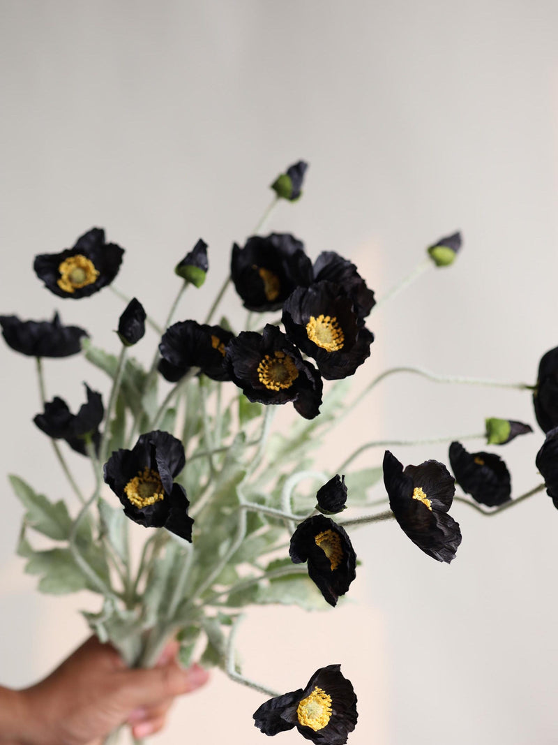 4 Heads Faux Black and White Poppy Flowers, 23.5" Silk Flower Poppy Branch, DIY Florals/Centerpiece, Wedding/Home/Kitchen/Office Decors|Gift silk flower