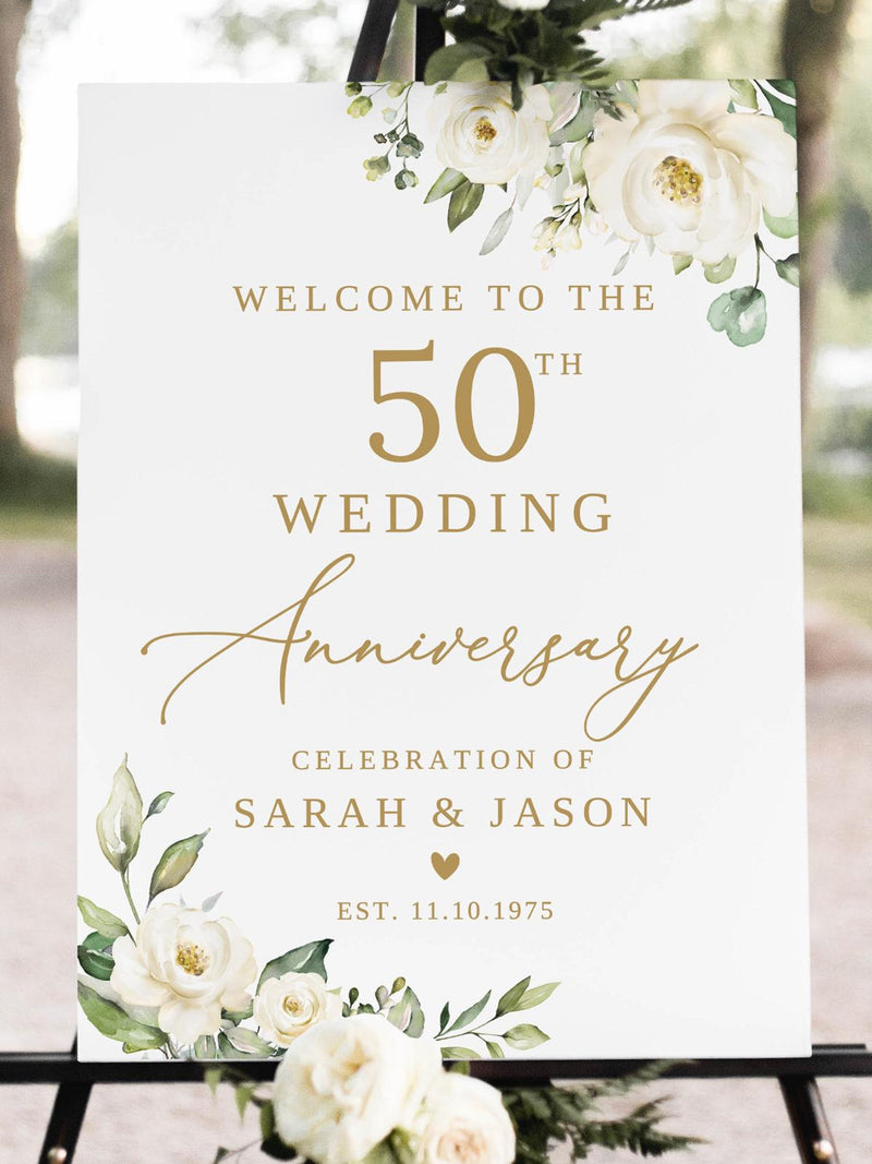 PRINTED or DIGITAL Floral 50th Anniversary Welcome Sign with White Flowers, Faux Gold, Foam Board or Poster, PB27-1 ANNIVERSARY