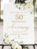 PRINTED or DIGITAL Floral 50th Anniversary Welcome Sign with White Flowers, Faux Gold, Foam Board or Poster, PB27-1 ANNIVERSARY