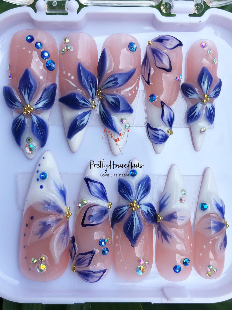 Fresh Floral Long Stiletto Nail Set, Blue Orchid Flower Press On Nails, Adorable 3D Nail Art, Custom Fake Nails For Summer, Gift for her. FLOWER DELIVERY