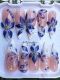 Fresh Floral Long Stiletto Nail Set, Blue Orchid Flower Press On Nails, Adorable 3D Nail Art, Custom Fake Nails For Summer, Gift for her. FLOWER DELIVERY