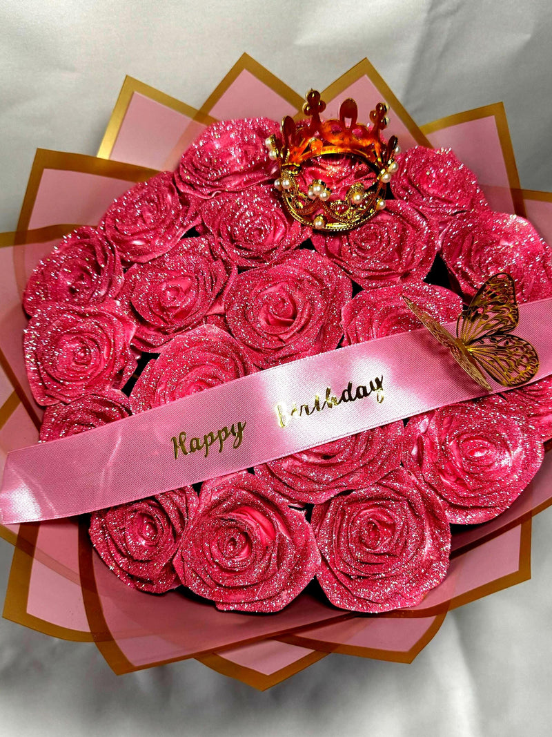 eternal GLITTER ROSE  PINK with pink wrap bouquet/happy birthday Bouquet