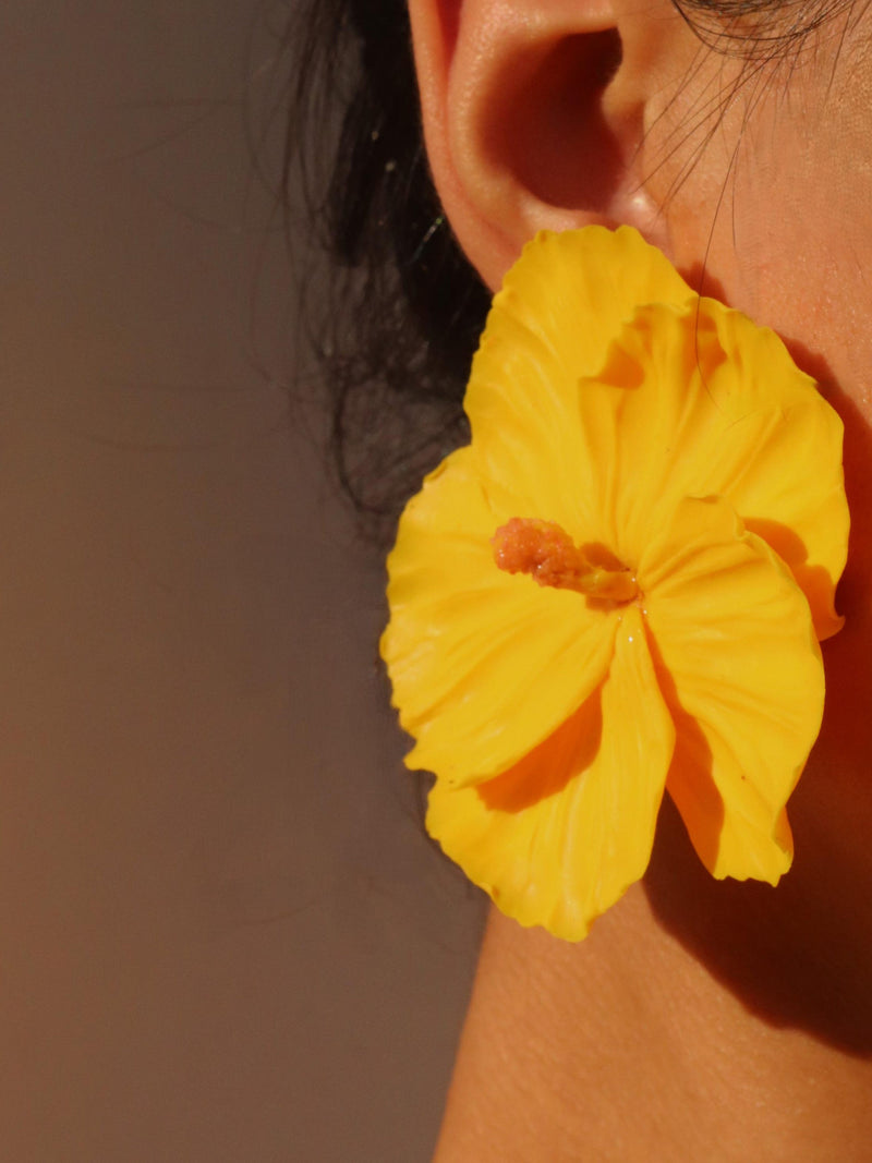 Handmade Yellow Hibiscus Polymer Clay Earrings: Lightweight Floral Jewelry, Etsy Design Ewards Finalist ANNIVERSARY