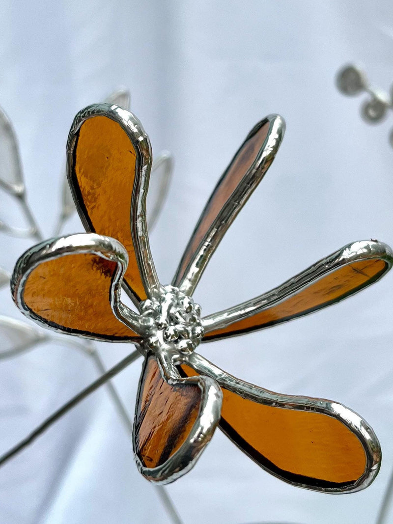 Stained Glass Flower Orange Silver Honeysuckle. Handmade 3D Flower. house warming flower