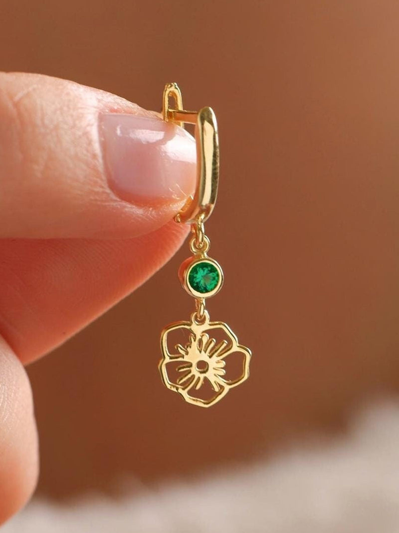 Gold Birth Flower Earrings with Birthstone, Birth Flower Gift, Custom Floral Jewelry, Birthday Month Flower Earrings, Christmas Gift For Her birthday flower