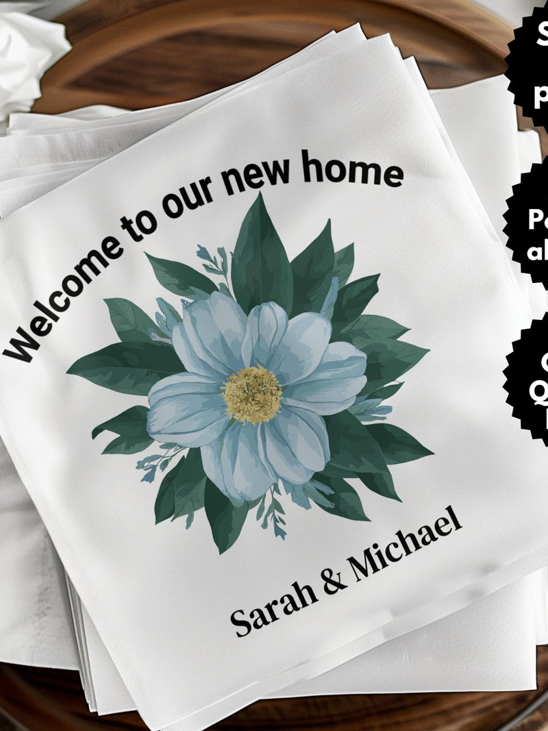 Personalized Housewarming Napkin, Welcome to Our New Home Invitation Cards, Custom Floral Coasters, New Home Party Decor house warming flower