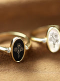 Personalized Birth Flower Ring: Mother of Pearl & Onyx Engraved Oval ANNIVERSARY