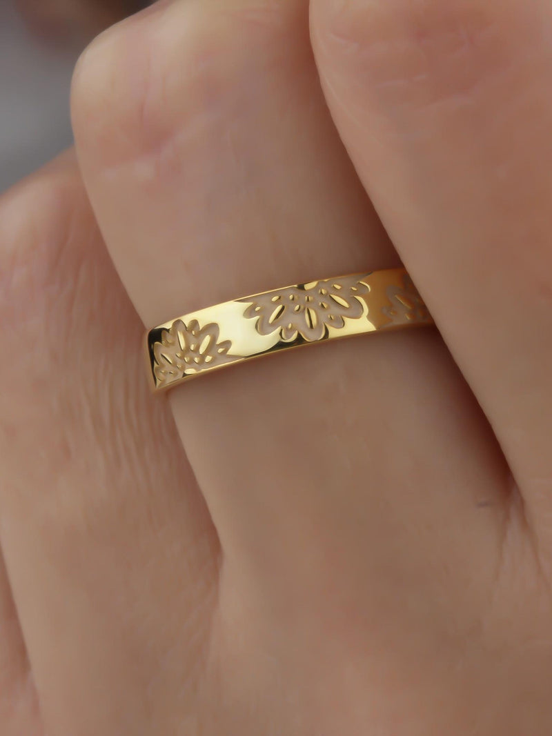 18k Gold Birth Flower Ring: Engraved Sterling Silver Band ANNIVERSARY