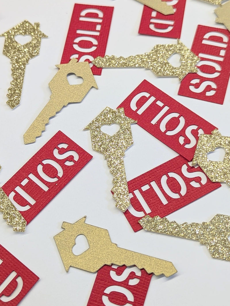 Housewarming Confetti | Gold Keys, Red Sold Signs | New Home Party Decor house warming flower