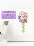 Birth Flower Family bouquets Watercolor Art Print, Personalized mother grandmother gift birthday flower