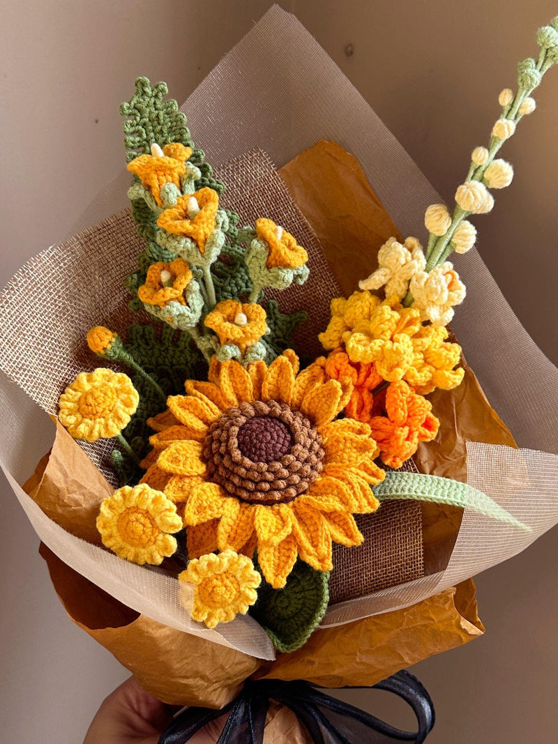 Crochet Sunflower Bouquet, Handmade Knitted Yarn Keepsake Flower Bouquet