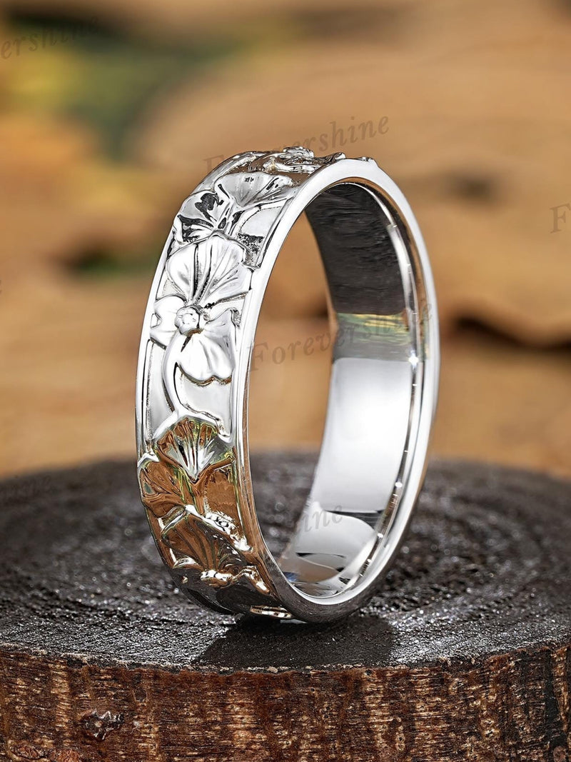 Dainty Iris Flower Couple Ring February Birth Flower Inspired Mens Ring Wedding Band White Gold Full Eternity Anniversary Ring Gifts For Him ANNIVERSARY