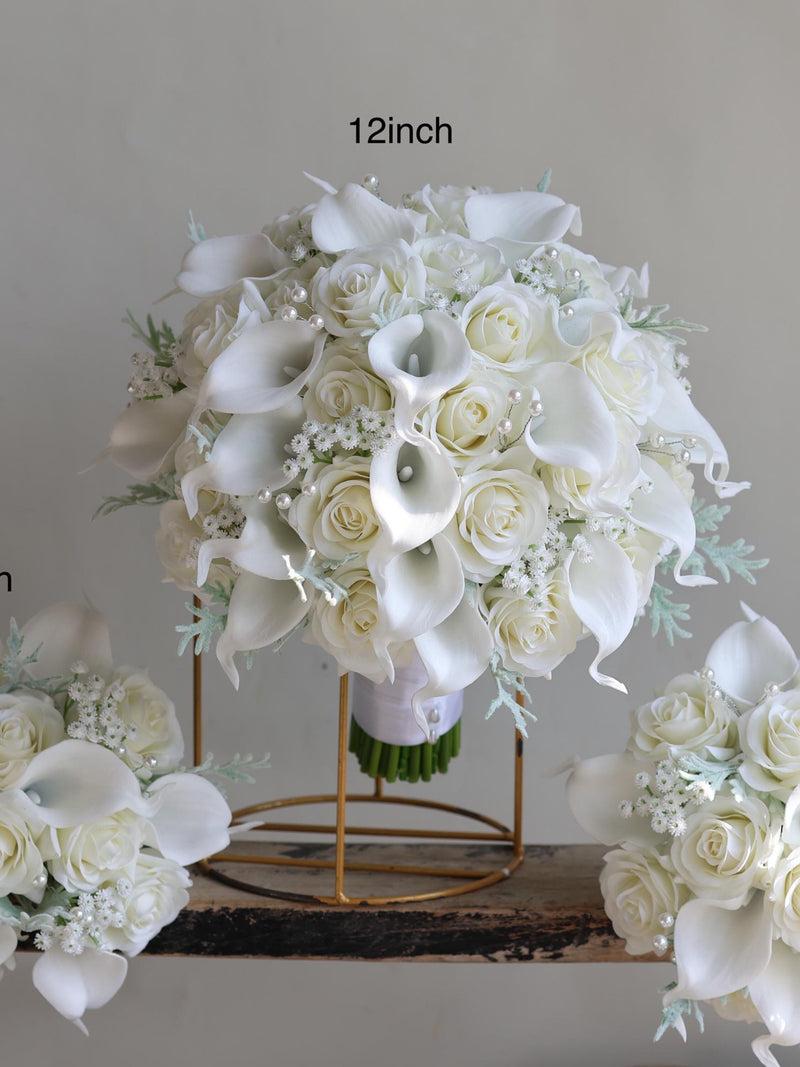 Faux Real Touch Roses Bridal Bouquet, Ivory White Calla Lilies Wedding Bouquets, Cream Boutonnieres, Wrist corsage, Bridesmaids Bouquets Bouquet