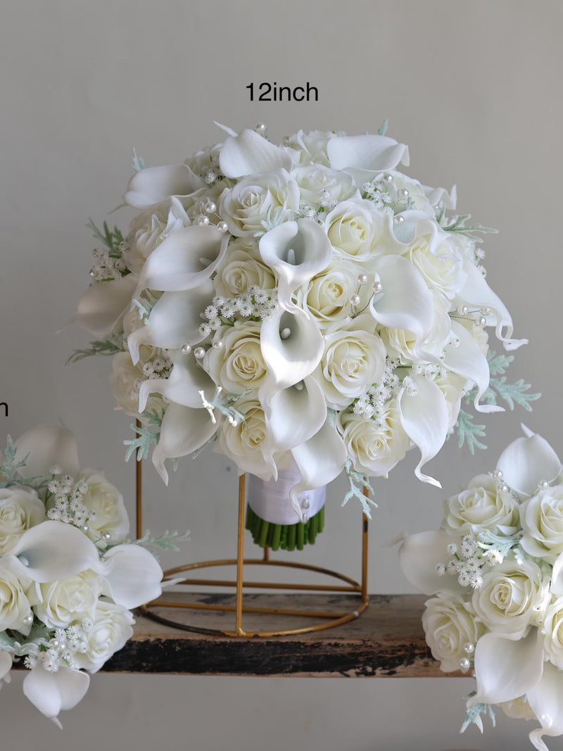 Faux Real Touch Roses Bridal Bouquet, Ivory White Calla Lilies Wedding Bouquets, Cream Boutonnieres, Wrist corsage, Bridesmaids Bouquets wedding flower