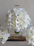 Faux Real Touch Roses Bridal Bouquet, Ivory White Calla Lilies Wedding Bouquets, Cream Boutonnieres, Wrist corsage, Bridesmaids Bouquets wedding flower