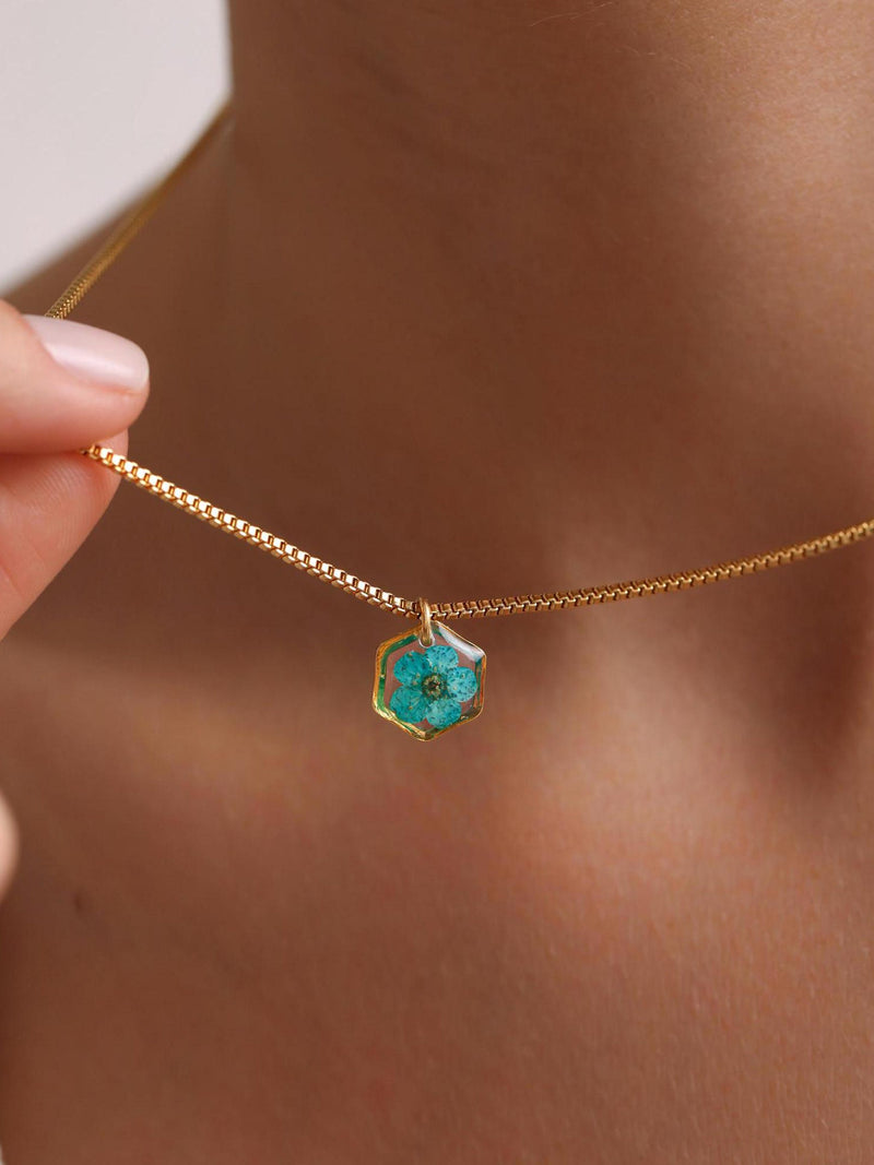 Personalized Birth Flower Hexagon Necklace, Real Birthflower Necklace, Pressed Dried Birthflower Necklace, Gift for her, Christmas Gift birthday flower