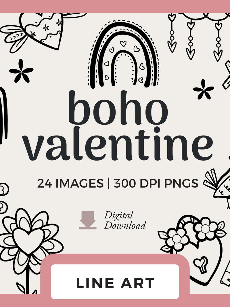 Boho Valentine Line Art Clipart: Bohemian Hearts, Rainbows & Flower Drawings (Digital Download) Love Romance Flower