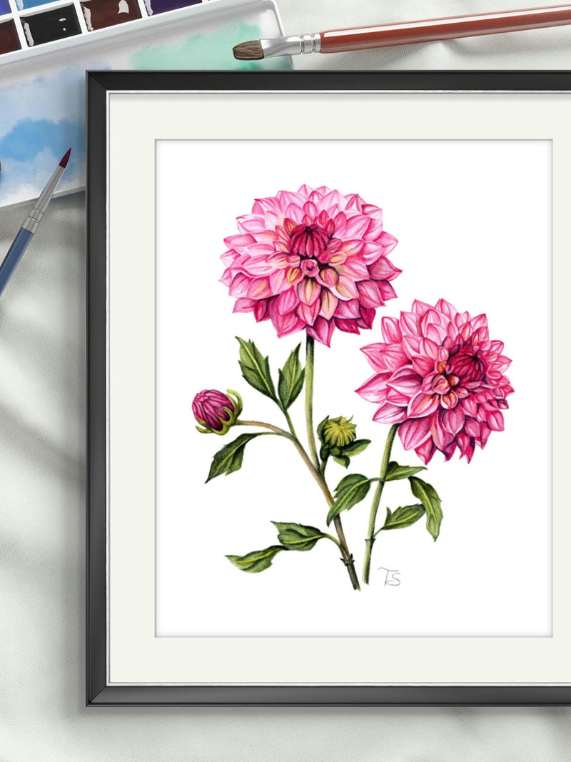 Watercolor Dahlia Flower Art Print: Botanical August Birth Flower house warming flower