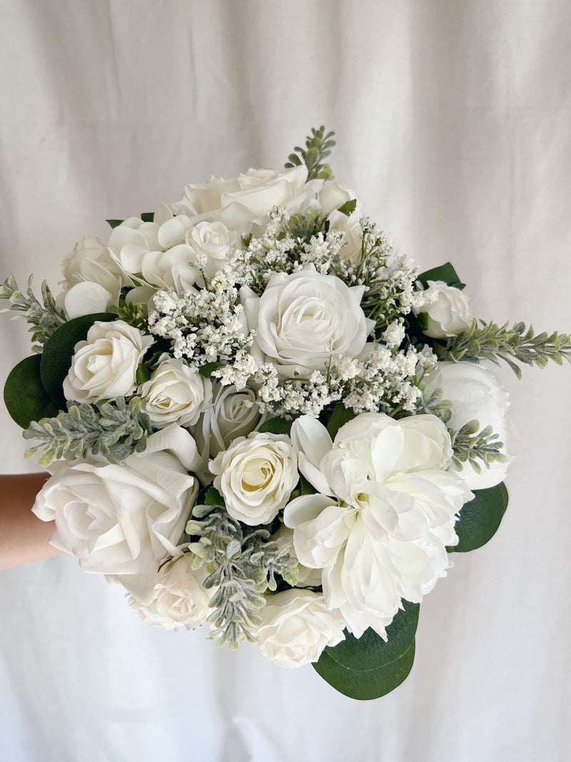 Faux Bridal Bouquet, White Roses Peonies Dahlias, Silk Eucalyptus wedding flower