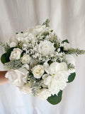 Faux Bridal Bouquet, White Roses Peonies Dahlias, Silk Eucalyptus Bouquet