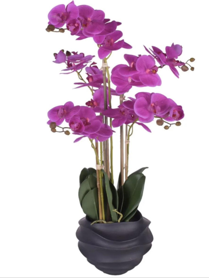 Purple Real Touch Faux Orchid Arrangement in Black Ceramic Pot faux plants