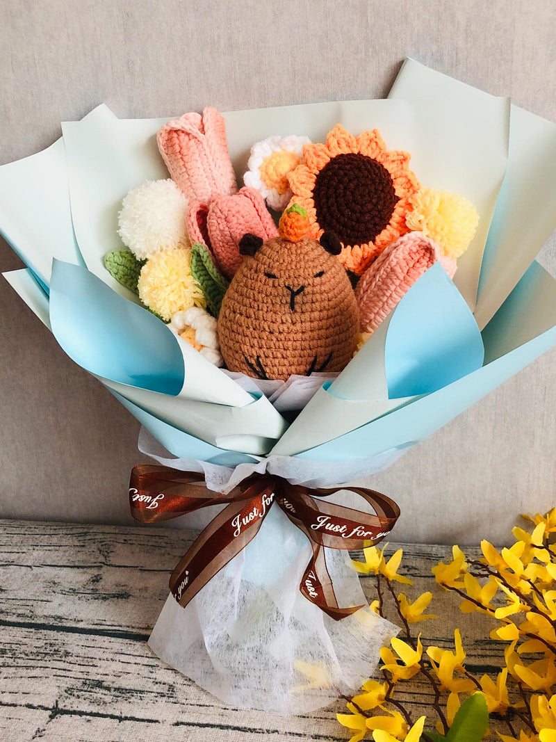 Crochet Flowers, Capybara Sunflower Tulip Daisy Ornaments, Cute A bunch of flower Anniversary bouquet Gift for her flower ornaments house warming flower