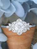 Unique Lab Grown Diamond Engagement Ring with Certificate Vintage white gold ring Cluster diamond ring Flower ring Bridal Anniversary gift wedding flower