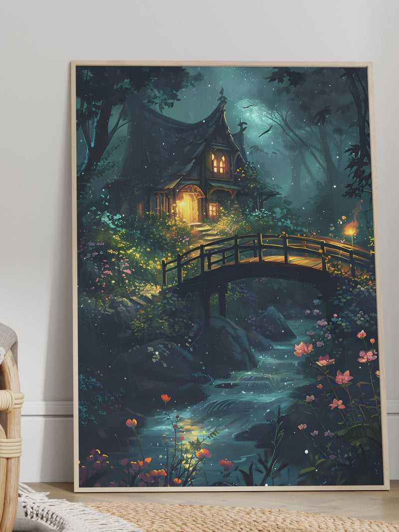 Botanical Fantasy House Art Print or Canvas, Luminescent Botanical Magical Enchanted Bridge Over River Poster, Perfect House Warming Gift house warming flower
