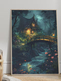 Botanical Fantasy House Art Print or Canvas, Luminescent Botanical Magical Enchanted Bridge Over River Poster, Perfect House Warming Gift house warming flower
