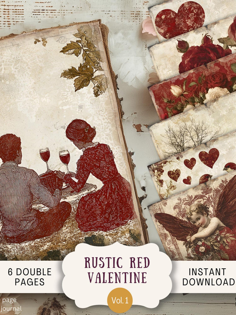 Rustic Red Valentines Junk Journal Pages 6 Digital Scrapbook Papers 11 x 8.5" Art Printable Romantic Country Lovers Flowers Couple RRVA Love Romance Flower