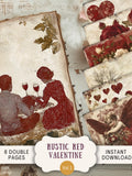Rustic Red Valentines Junk Journal Pages 6 Digital Scrapbook Papers 11 x 8.5" Art Printable Romantic Country Lovers Flowers Couple RRVA Love Romance Flower