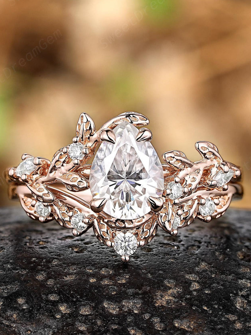Pear Moissanite Engagement Ring Set Custom Nature Inspired Leaf Floral Wedding Ring 14k Gold Moissanite Diamond Anniversary Rings For Women wedding flower